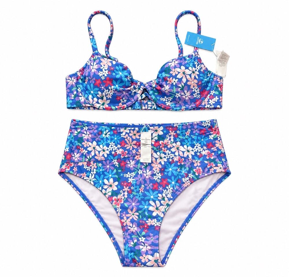 CUPSHE Women 2 Piece Swimsuit Size M Blue Floral Underwire High Waist Bikini NWT